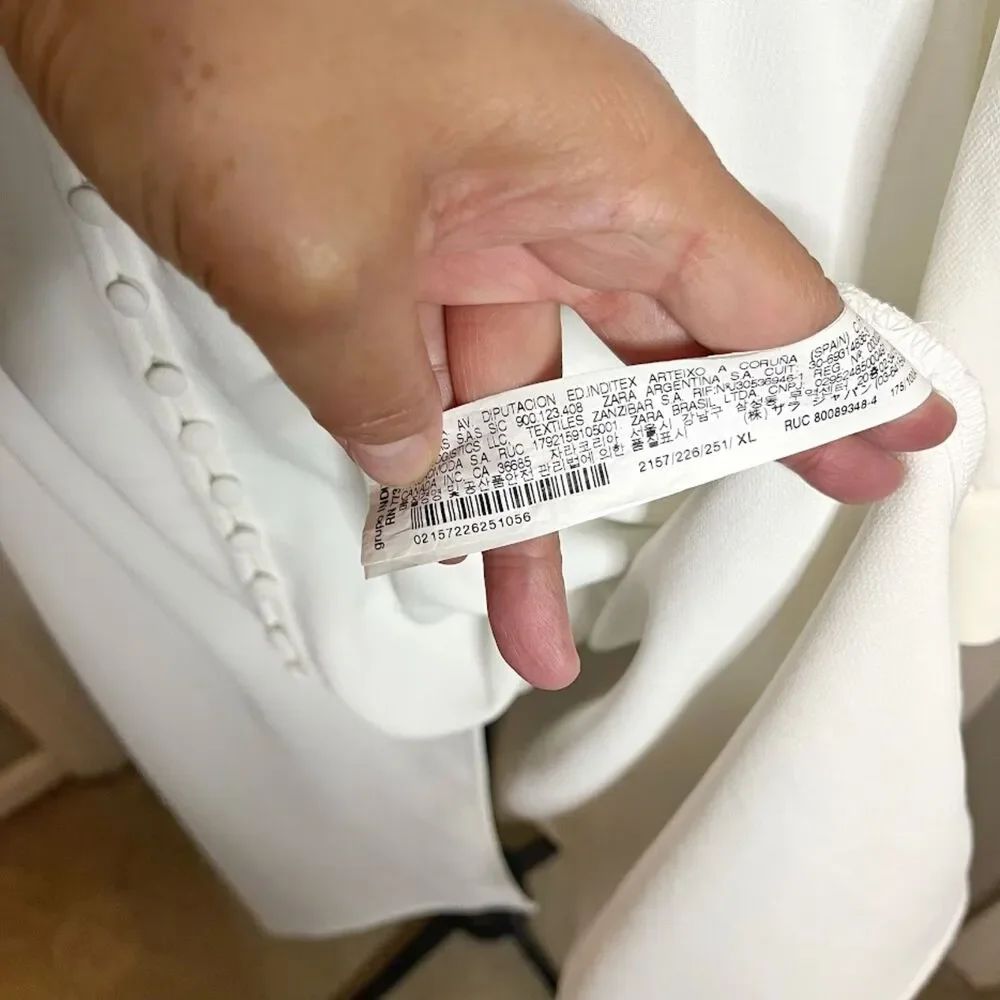 Zara Midi V Neck Button Down Front Smocked Polyester Textured Long Sleeve Dress - Picture 15 of 15